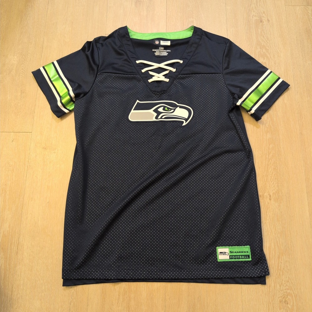 NFL Team Apparel Seattle Seahawks Women Large Lace Up Mesh Jersey Navy Blue